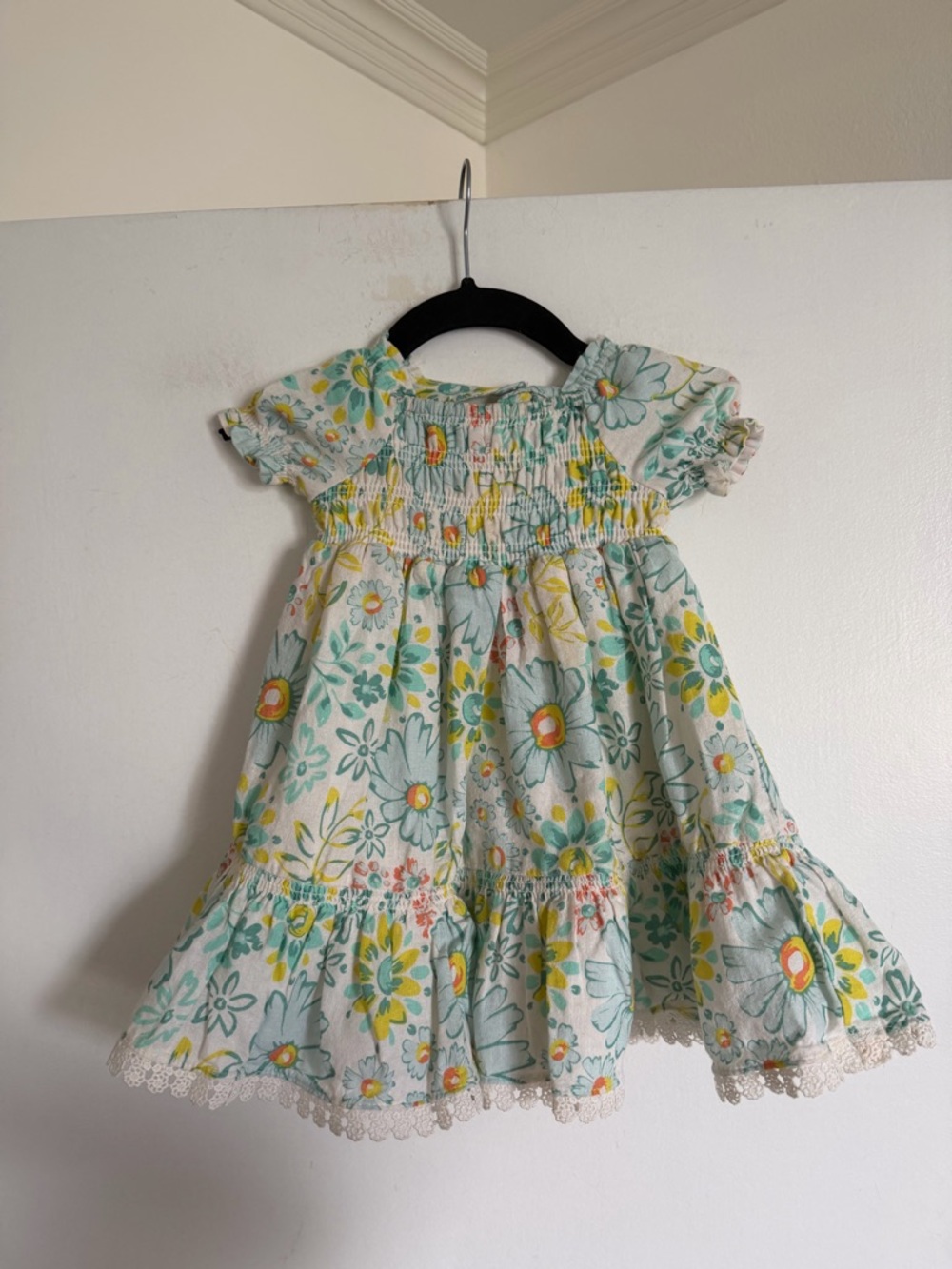 Joie Baby Teal/Yellow Floral Tiered Ruffle Dress size 12M EUC - Picture 2 of 4